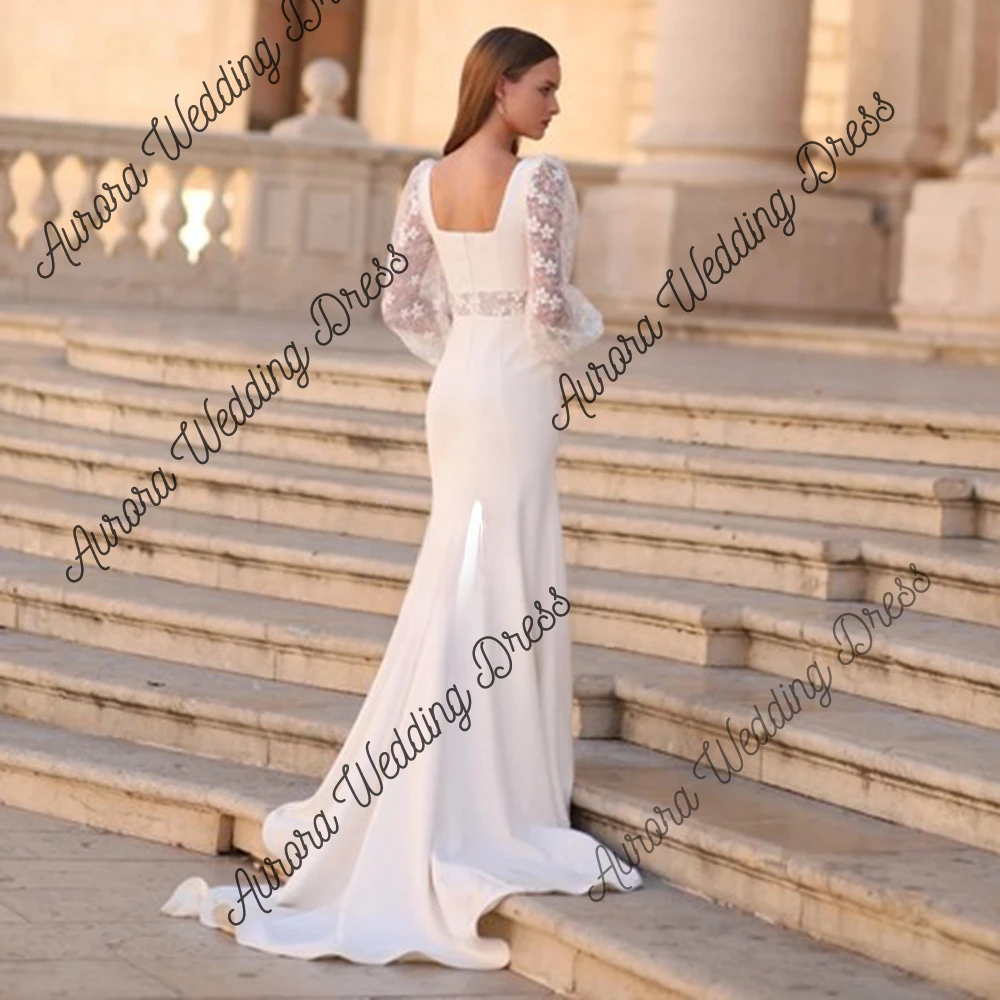 Sirene Elegant Square Collar Sheath Wedding Dress Long Lantern Sleeves Lace Appliques Modern Sweep Train vestido de novia 2024 1