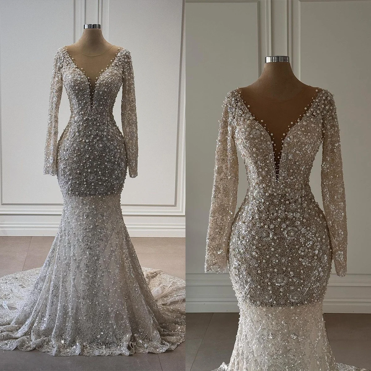 Sexy Mermaid Gown Wedding Dresses Pearls Sequined Lace Bridal Gowns Long-Sleeve Sweep Train Big Size Custom Size Colour 1