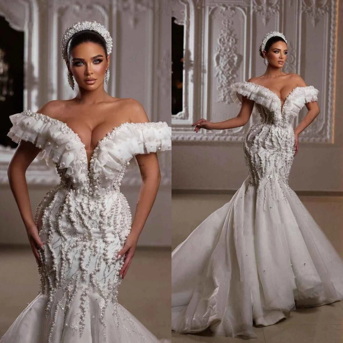 Big Pearls Mermaid Gown Wedding Dresses V-Neck Appliques Beading Lace Sweep Train Bridal Gowns Big Size Custom Size Colour 1
