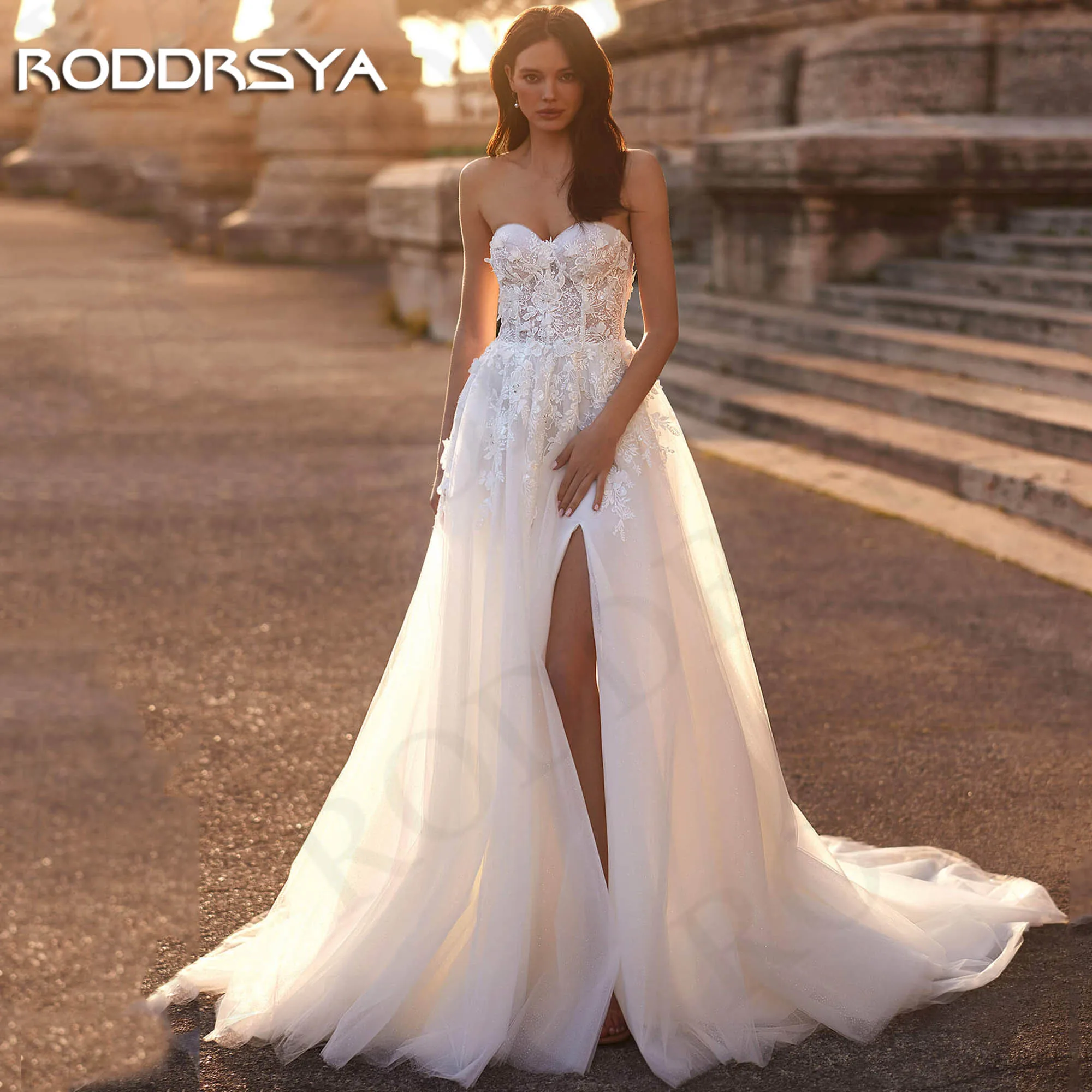 RODDRSYA Sparkly Strapless Split Wedding Dress 2024 Bride 3D Flowers Lace Tulle Bridal Dresses A Line Women свадебное платье 1