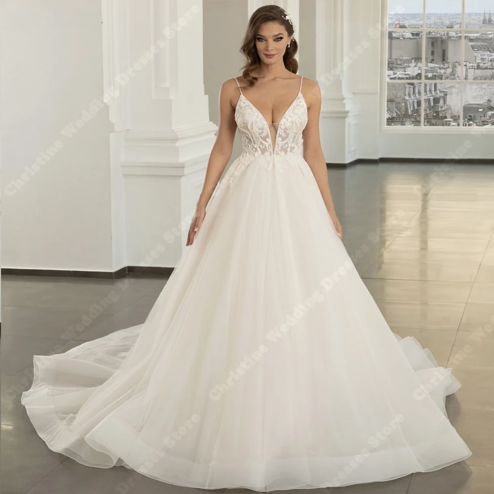 Sexy Deep-V Neck Tulle Wedding Dresses Lace Flower Print A-Line Bridal Gowns Simplicity Mopping Length Vestidos De Novias 2024 1