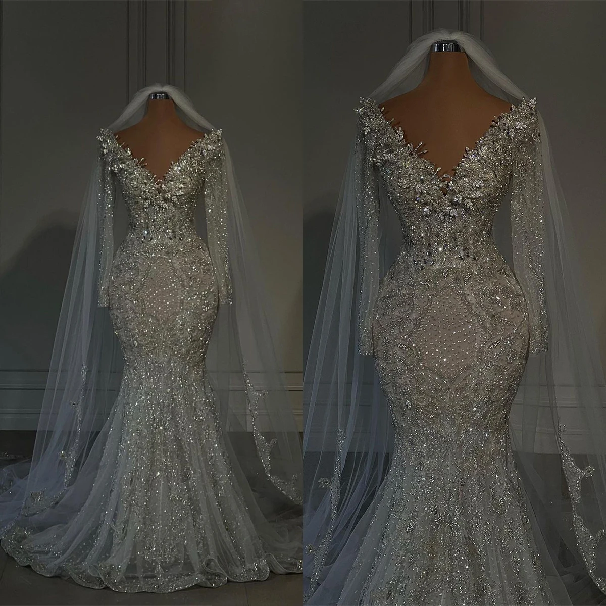 Sparkling Mermaid Gown Wedding Dresses V-Neck Lace Bridal Gowns Long-Sleeve Sweep Train Big Size Custom Size Colour 1