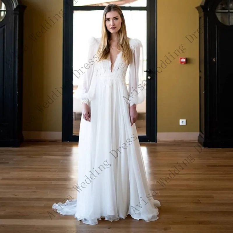 Boho Elegant V-Neck Wedding Dress Sweep Train Lace Appliques Button Long Sleeve Tulle Bride Robe De Mariée vestido de noiva 1