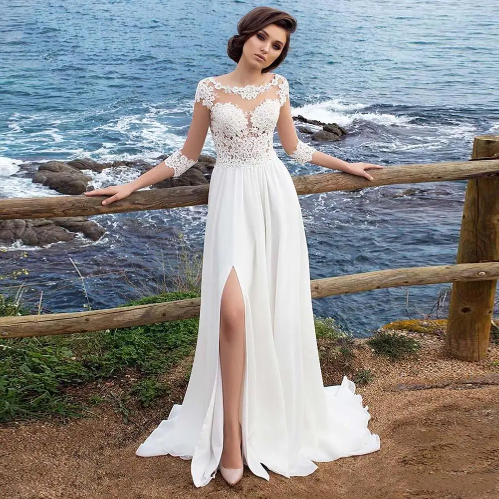 Beach Chiffon Wedding Dress Lace Appliques 2024 Dress A-line Slit Side Vestido De Novia Playa Bridal Gowns  amanda novias 1