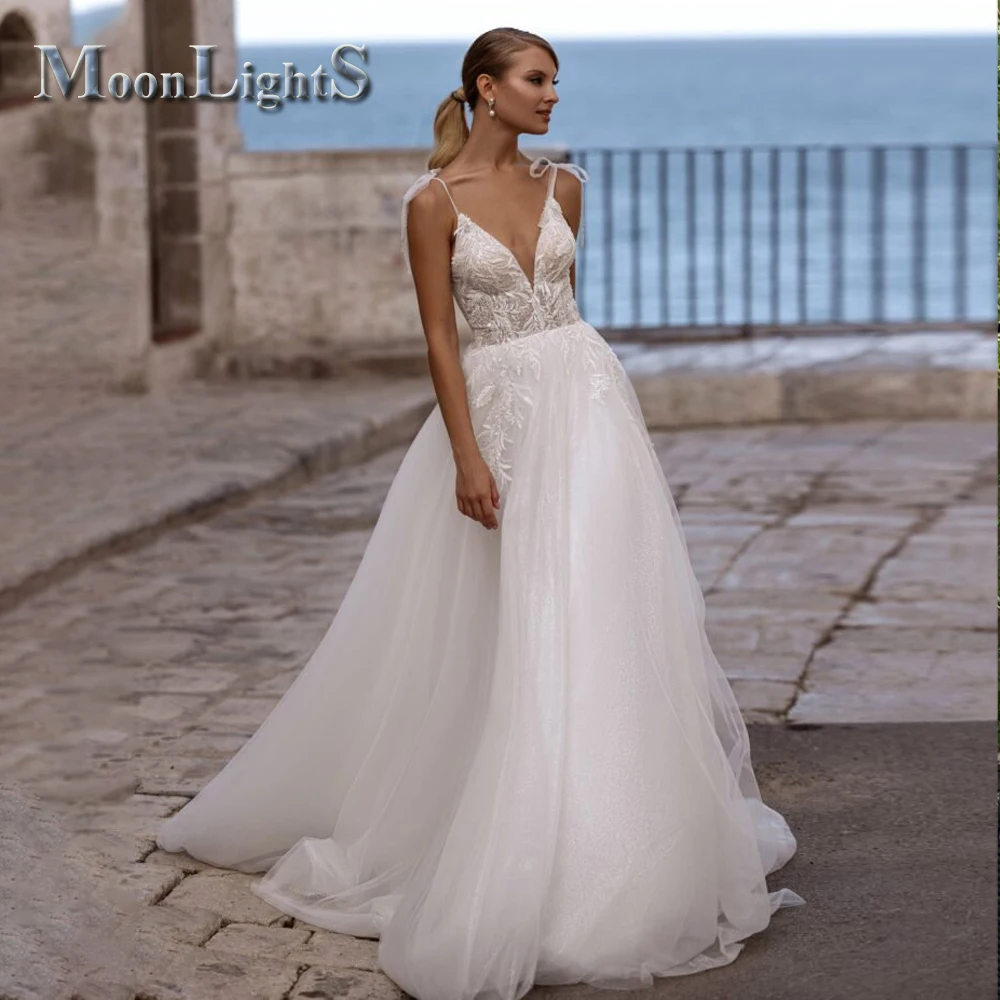 Moonlight Fairytale V-neck Wedding Dresses Spaghetti Straps Zipper Lace Appliques Bridal Gown Abito Da Sposa Personalised 1