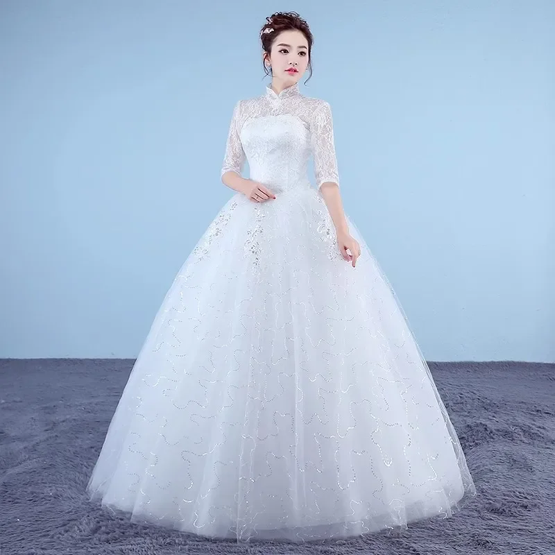 Cheap Wedding Dress White Lace High Collar Half Sleeve Sequin Tulle Princess Floor-length Plus size Simple Bride Ball Gown XN032 1