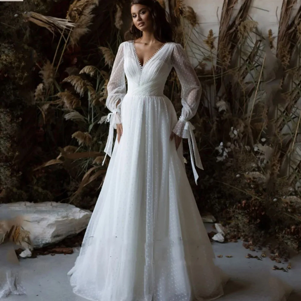 Simple Lace Wedding Dress 2024 Long Sleeves Button Bridal Gowns V Neck A Line Vestidos De Novia Polka Dot Tulle Robes 1