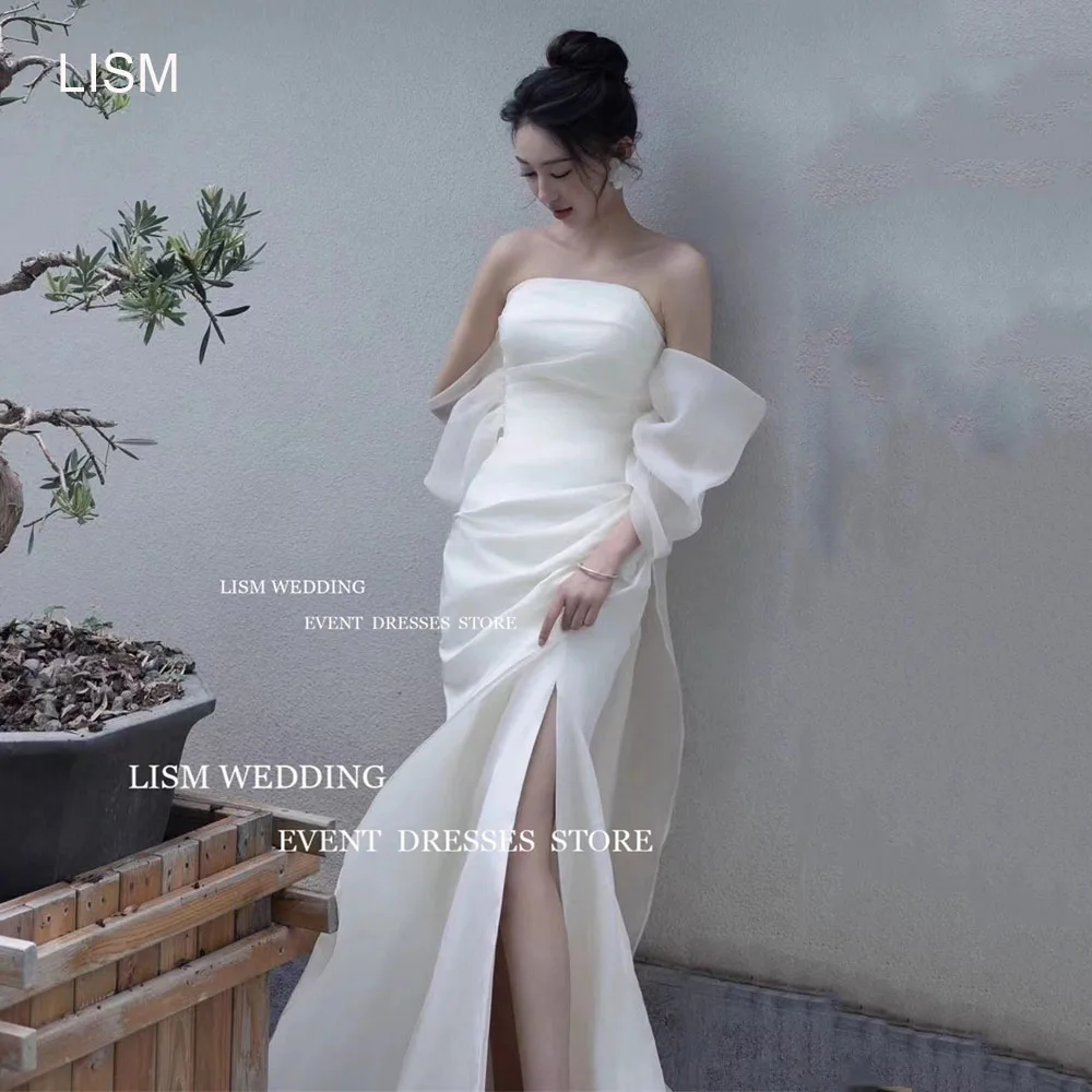 LISM Strapless Organza Korea Mermaid Wedding Dresses Photo shoot Satin Puff Sleeve Floor-Length Backless Organza Bridal Gown 1