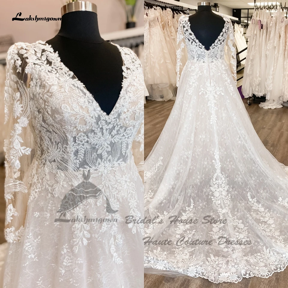 Lakshmigown Plus Size Women Long Sleeve Wedding Gowns Plunging 2024 Vestidos Vintage Lace Boho Beach Bride Dresses Custom Made 1