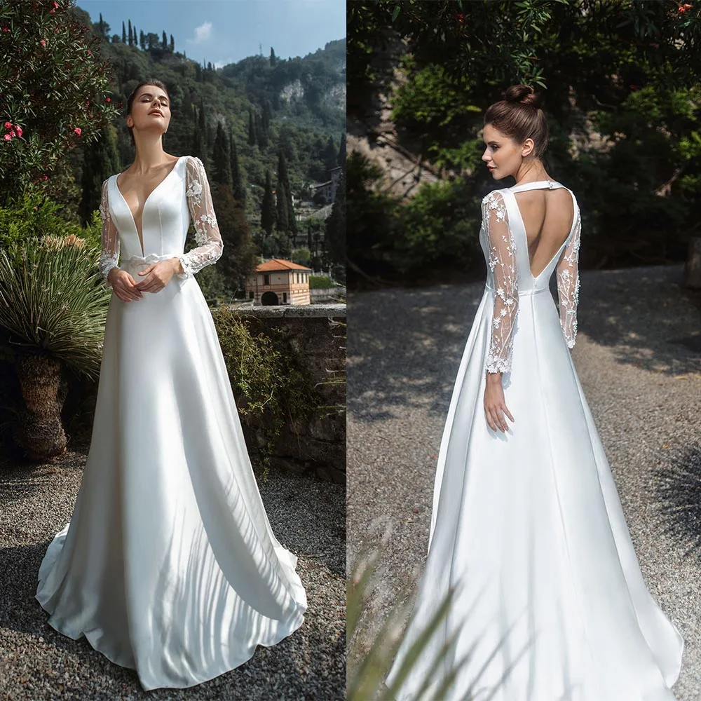Sexy Satin A-line Long Sleeve Wedding Dress 2024 V-Neck Backless Open Back Bridal Dress Lace Appliques vestidos de novia 1