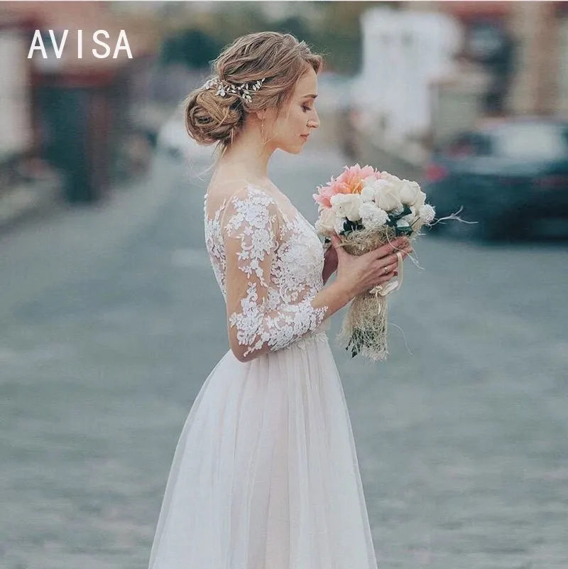 Lace V-neck Wedding Dress A-line Floor-Length Backless Appliques Long Sleeves Bridal Gown Buttons Back vestidos de novia 1