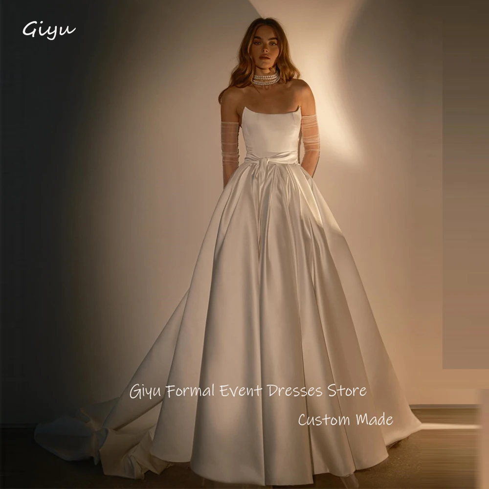 Giyu Simple Satin A Line Wedding Dresses Strapless Gloves Sweep Train Bride Dress Sweep Train Vestidos de noiva 2024 1