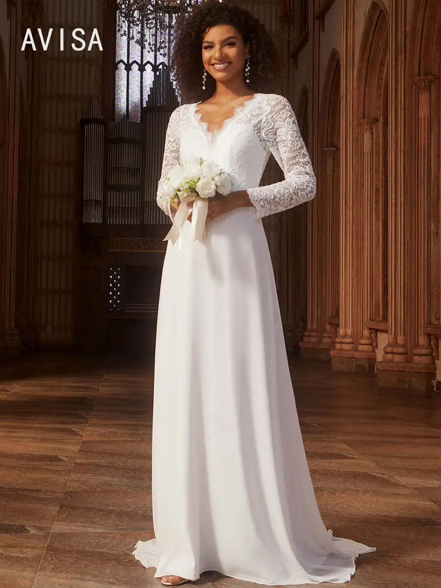 Elegant Wedding Dress Hollow Lace V Neck Lined Floor-Length 2024 Chiffon White Prom Women Formal Dresse vestidos de fiesta 1