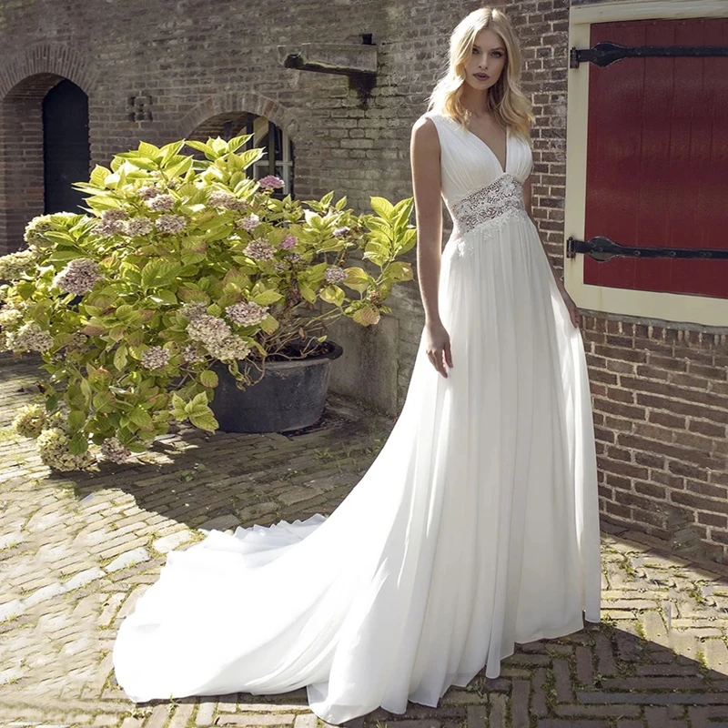 Simple Chiffon Wedding Dress 2024 V-Neck A-Line Sleeveless Lace Belt Long Bridal Gowns Backless Sweep Train vestidos de novia 1